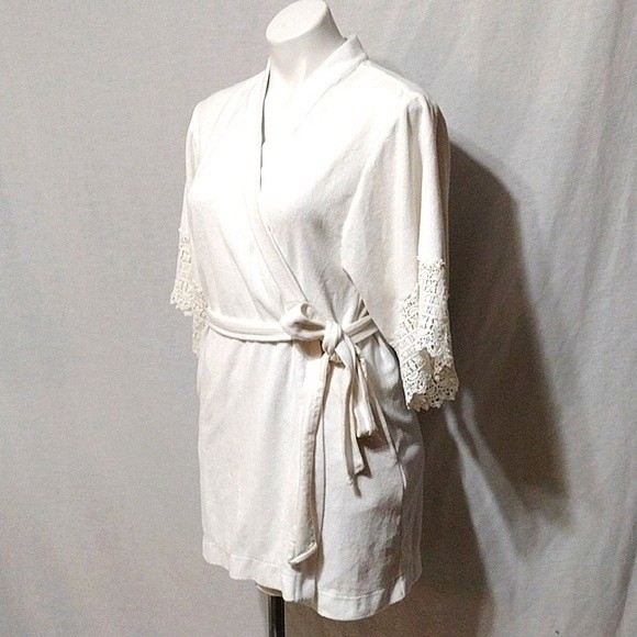 Betsey Johnson Terry Cloth Embroidered Print Crochet Trim Kimono Sleeves Robe M - Picture 7 of 13